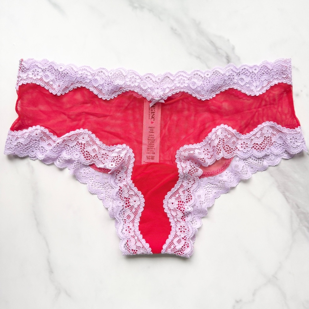 NWT VICTORIA’S SECRET TEASE MESH LACE-TRIM CHEEKY PANTY IN BRIGHT VERMILLION & S